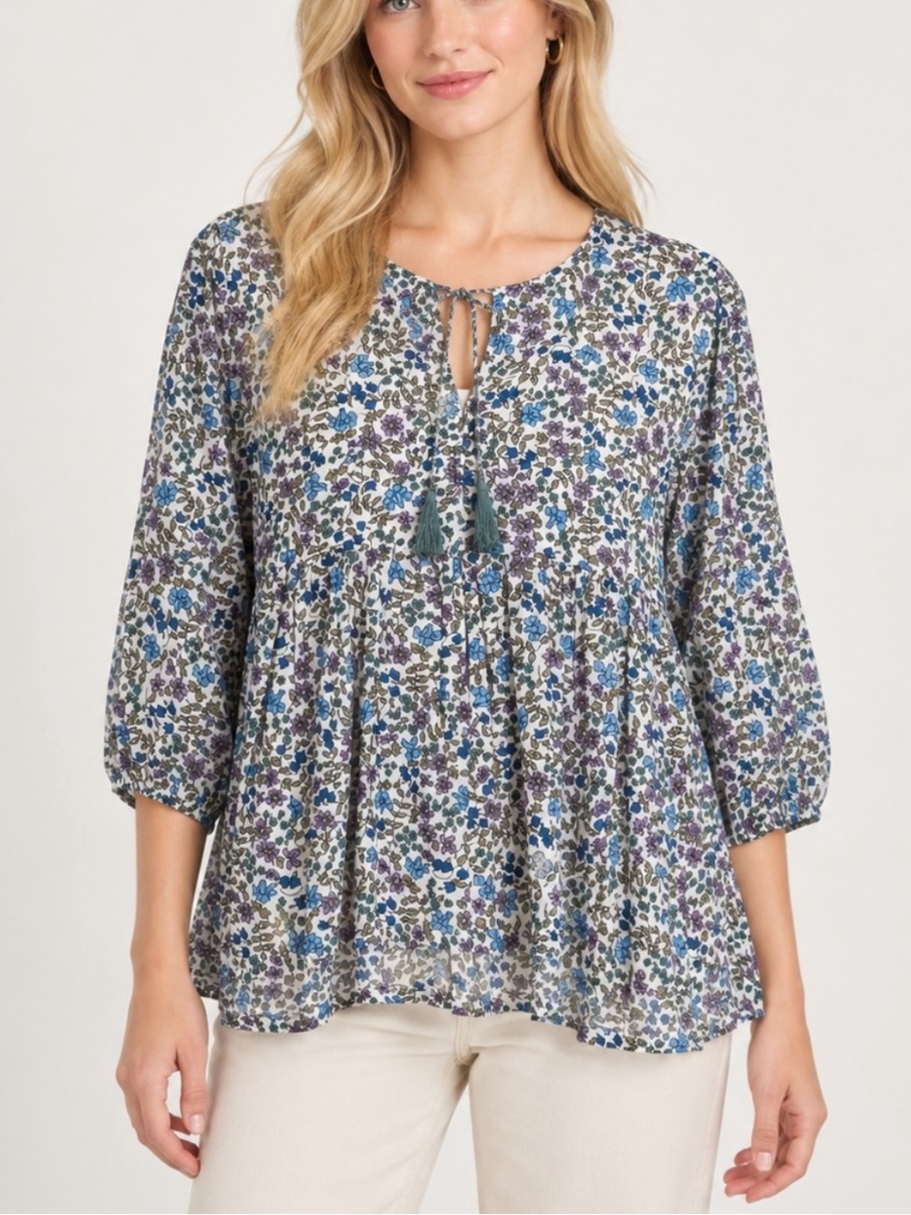 NWT! Grace Holiday Sully Top Large Blue Floral Cotton Boho Blouse 6147